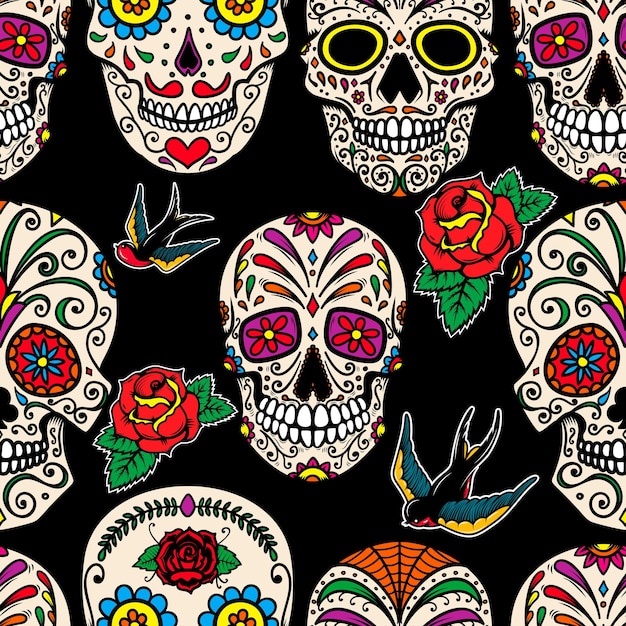 Patrón sin costuras con calaveras de azúcar mexicanas y rosas Elemento de diseño para la decoración de la ropa de la pancarta de la tarjeta del cartel Ilustración vectorial