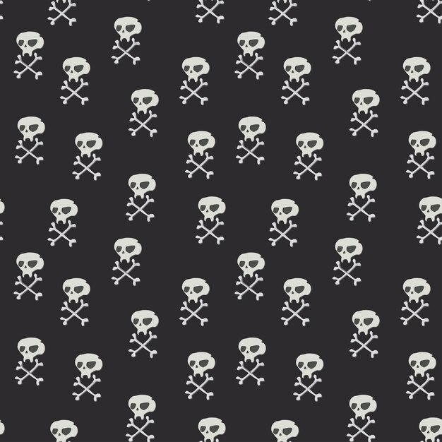 Patrón sin costuras con calaveras blancas con huesos sobre fondo negro Ilustración vectorial de dibujos animados