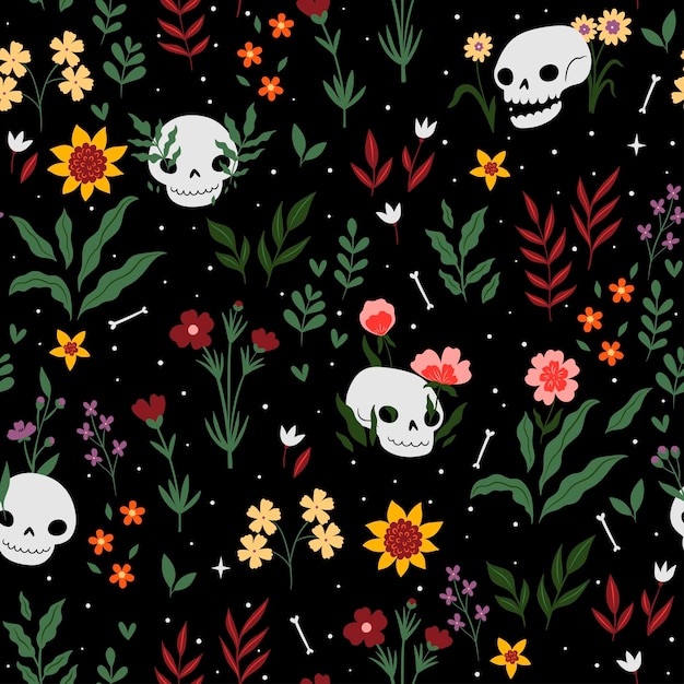 Patrón sin costuras con calaveras y flores sobre un fondo oscuro gráficos vectoriales