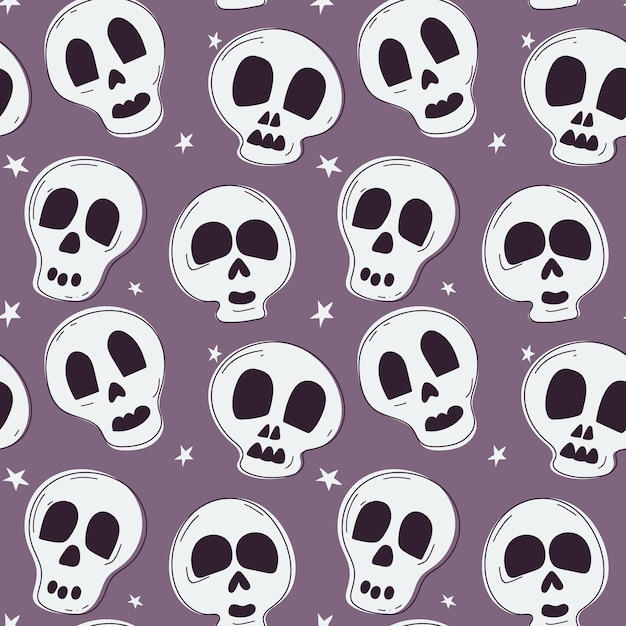 Patrón sin costuras con calaveras lindas Símbolos de Halloween Ilustración vectorial dibujada a mano