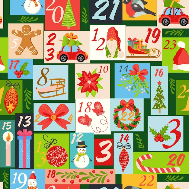El patrón sin costuras del calendario de Adviento de Navidad con patrones sin costuras geométricos