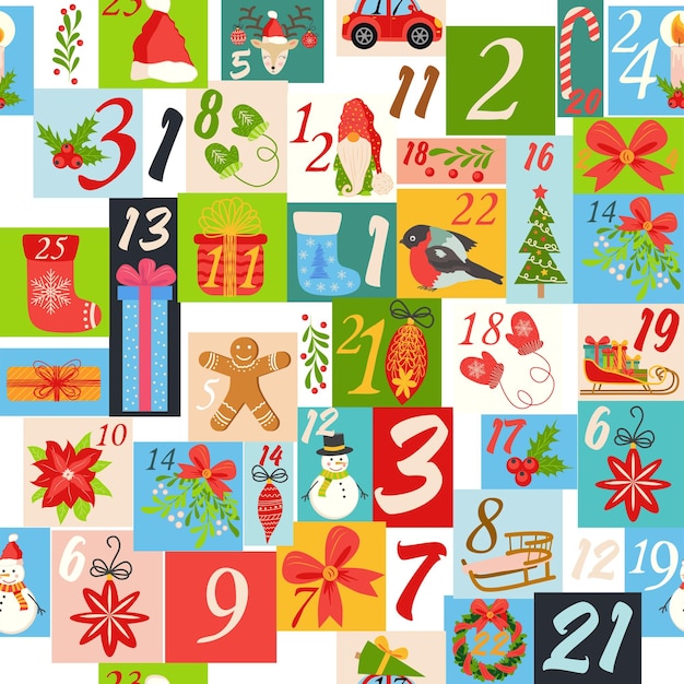 El patrón sin costuras del calendario de Adviento de Navidad con patrones sin costuras geométricos