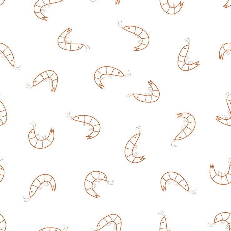 Patrón sin costuras de camarones curvos dispuestos al azar Ilustración vectorial de mariscos de camarón rojo