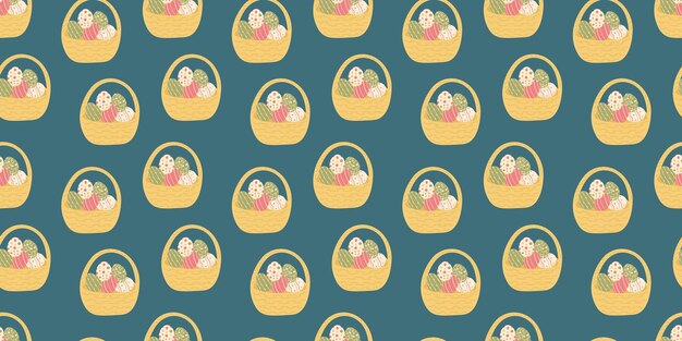Patrón sin costuras de canasta con huevos de Pascua en estilo plano Diseño de primavera sin fin para fondo de papel de envoltura textil
