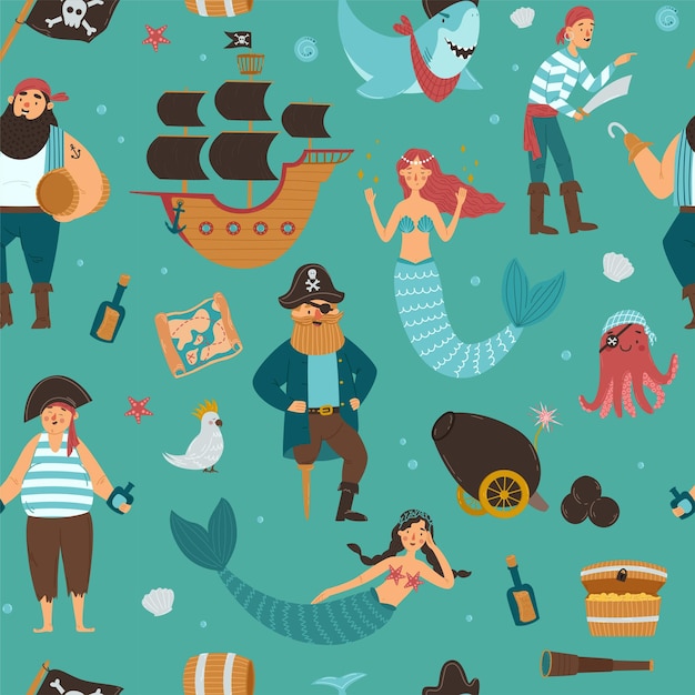 Patrón sin costuras con un capitán de barco pirata sirenas y habitantes marinos Cofre del tesoro barco calavera y tibias cruzadas bandera Ilustración vectorial plana