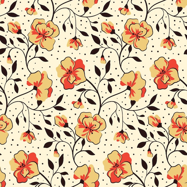 Patrón sin costuras con capullos de flores rosas y hojas pequeñas Estampado floral vintage con plantas delicadas sobre un fondo claro Composición con flores, hojas y puntos Diseño vectorial para impresión