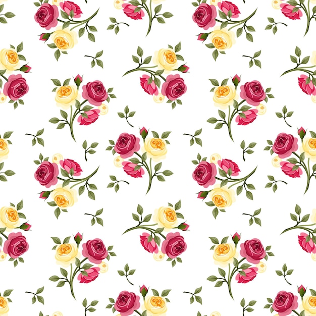 patrón sin costuras con capullos de rosa y hojas de rosas inglesas rojas y amarillas sobre un fondo blanco