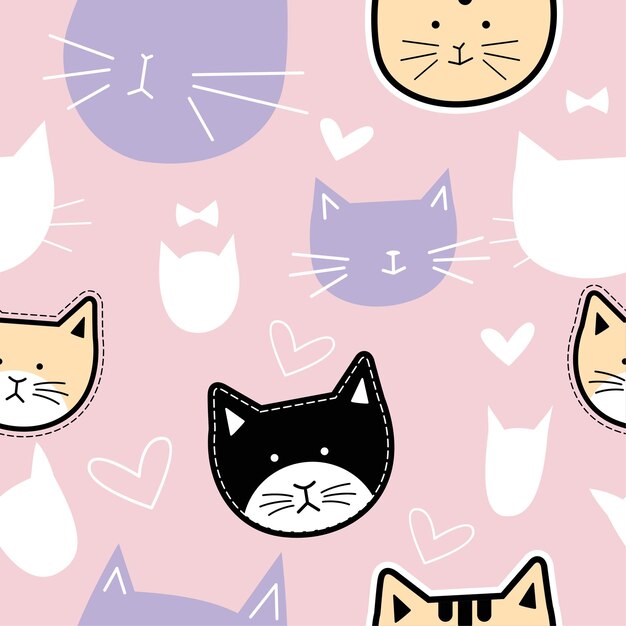 patrón sin costuras de cara de cabeza de gato ilustración vectorial linda