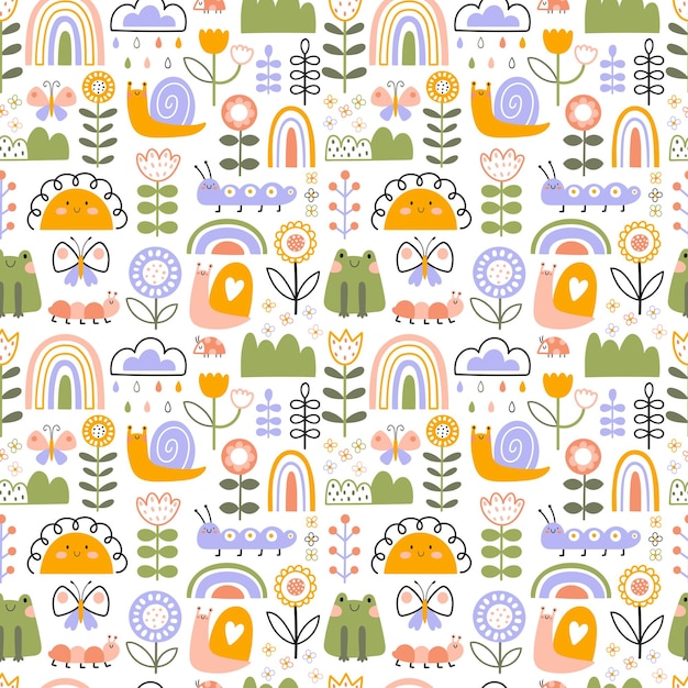 Patrón sin costuras con caracoles rana flores sol y arco iris Ilustración vectorial en estilo de dibujos animados dibujados a mano Paleta brillante para el diseño de primavera o verano de textiles para niños