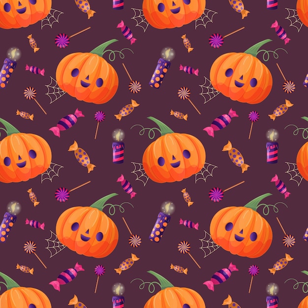 Patrón sin costuras con caramelos de calabaza velas linda ilustración vectorial de vacaciones fondo rosado