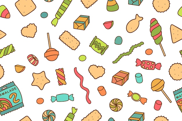 Patrón sin costuras con caramelos coloridos galletas y dulces en un fondo blanco Textura para pancartas papel tapiz papel de embalaje textil dulces o fiesta de niños39s Vector