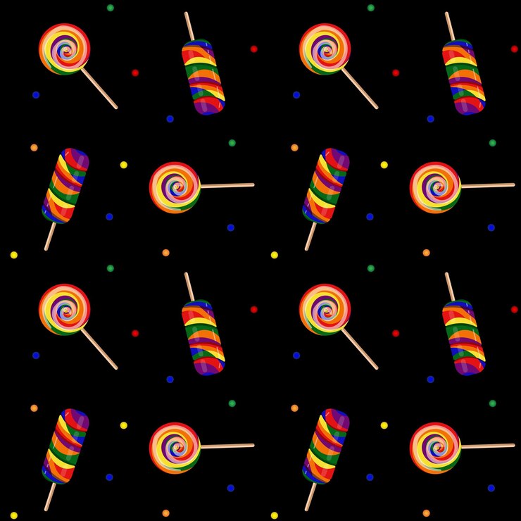 Patrón sin costuras con caramelos multicolores sobre un fondo negro