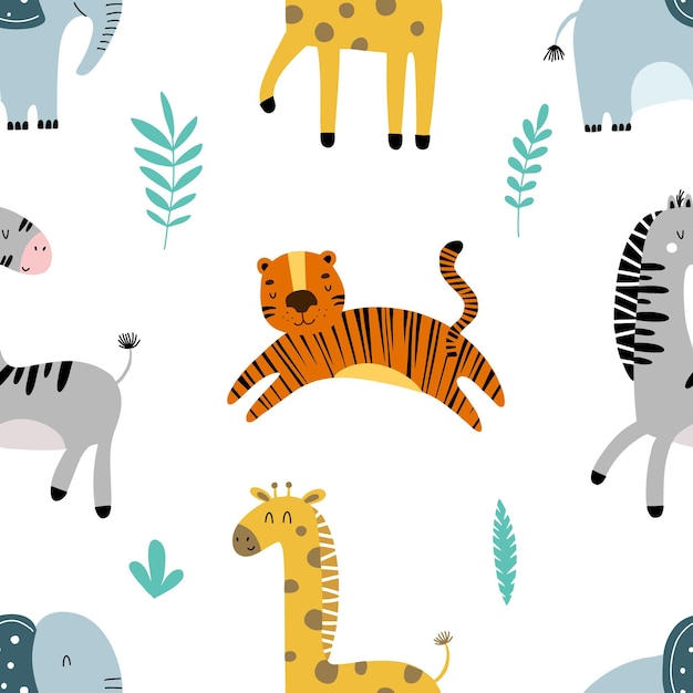 Vector patrón sin costuras con caras de animales lindos impresión de guardería para guardería en estilo escandinavo para embalaje interior de ropa infantil ilustración vectorial