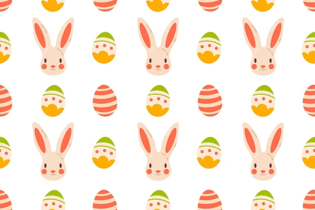Un patrón sin costuras con caras de conejo, huevos de Pascua coloridos y caras de pollo sobre un fondo blanco