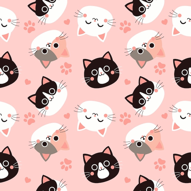 Vector patrón sin costuras con caras de gato bonitas en un fondo rosado