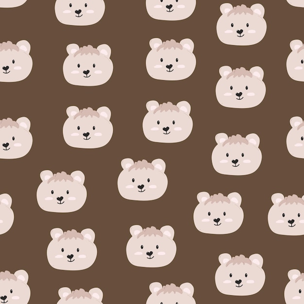 Patrón sin costuras con caras de oso bonitas ilustración vectorial de estilo doodle en fondo marrón