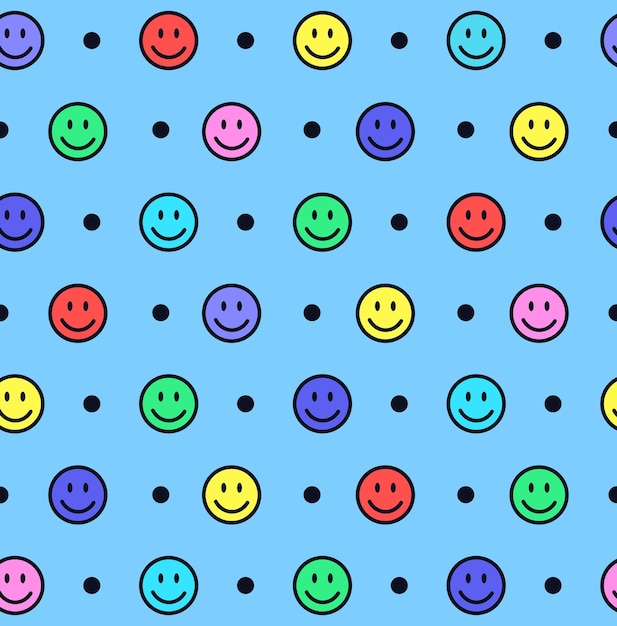 Patrón sin costuras con caras sonrientes coloridas en fondo azul icono de línea de sonrisa de emoji de fondo