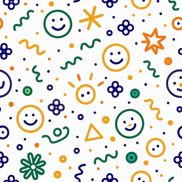 Patrón sin costuras de caras sonrientes dibujadas a mano estrellas y flores en amarillo naranja verde y azul sobre fondo blanco