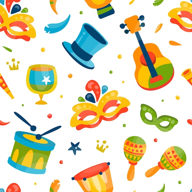 Patrón sin costuras del carnaval brasileño de Río con plantilla vectorial de máscara de tambor y mascarada