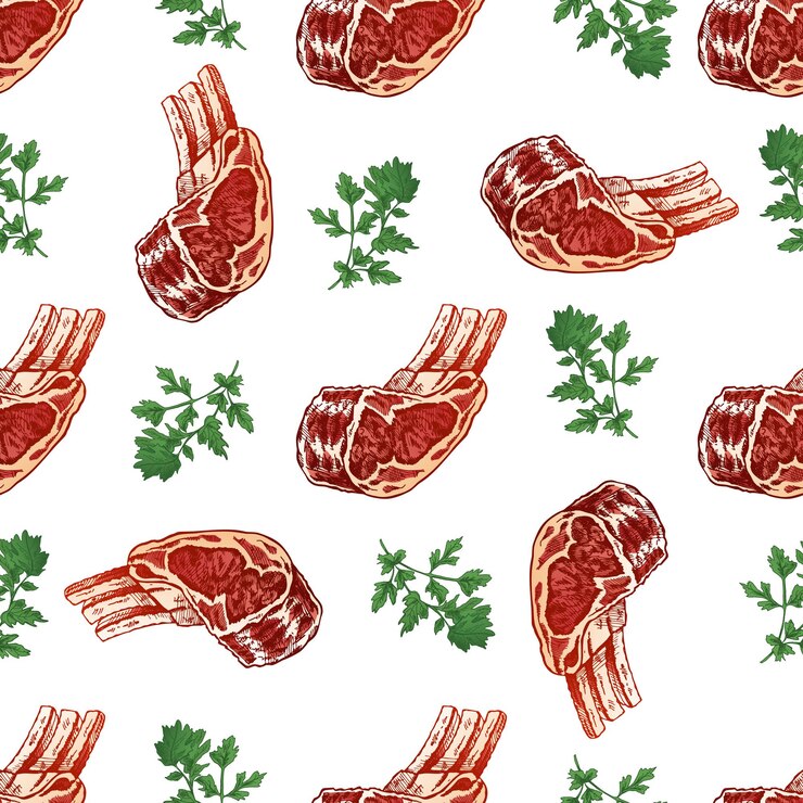 Vector patrón sin costuras de carne de res dibujado a mano con un pedazo de carne en el hueso