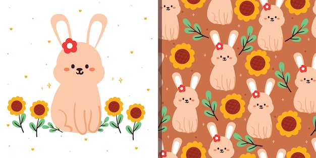 patrón sin costuras y cartón conejo de dibujos animados y flor papel tapiz de animales lindos y patrón para textiles