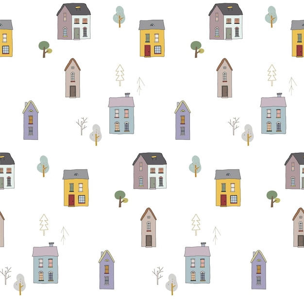 Patrón sin costuras con casas y árboles Ilustración vectorial