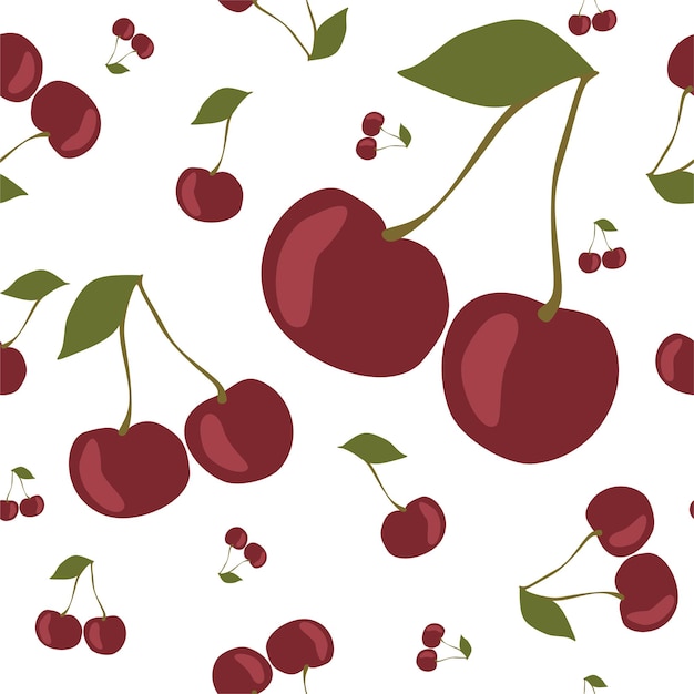 Patrón sin costuras de cereza Fruta plana aislada en ilustración de vector blanco Fondo de verano sin fin