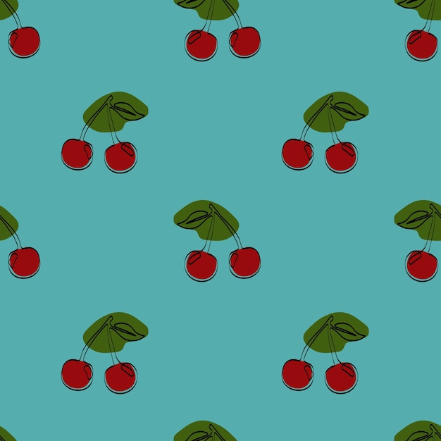 Patrón sin costuras con cereza sobre fondo azul Dibujo continuo de una línea cereza Arte de línea negra sobre fondo azul con manchas de colores Concepto vegano