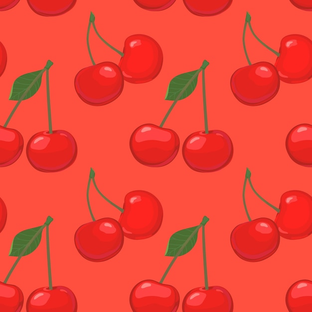 Patrón sin costuras con cereza sobre un fondo rojo Ilustración de vector de estilo plano para fondos de pantalla de diseño elegante de verano telas textiles de embalaje
