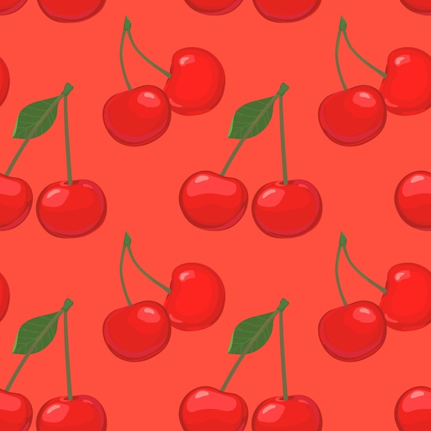 Patrón sin costuras con cereza sobre un fondo rojo Ilustración de vector de estilo plano para fondos de pantalla de diseño elegante de verano telas textiles de embalaje