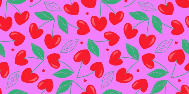 Patrón sin costuras con cerezas en forma de corazón Un brillante patrón festivo para el día de San Valentín Vector