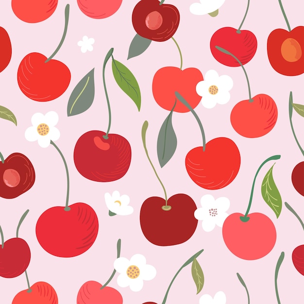 Patrón sin costuras de cerezas con frutas rojas frescas papel tapiz decorativo fondo primavera verano