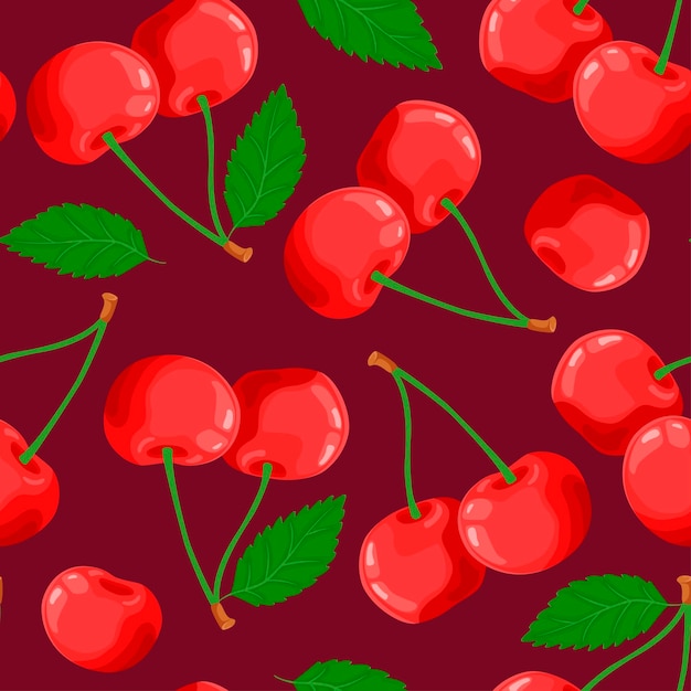 Patrón sin costuras de cerezas hojas verdes Bayas maduras Recogida de frutas Vector