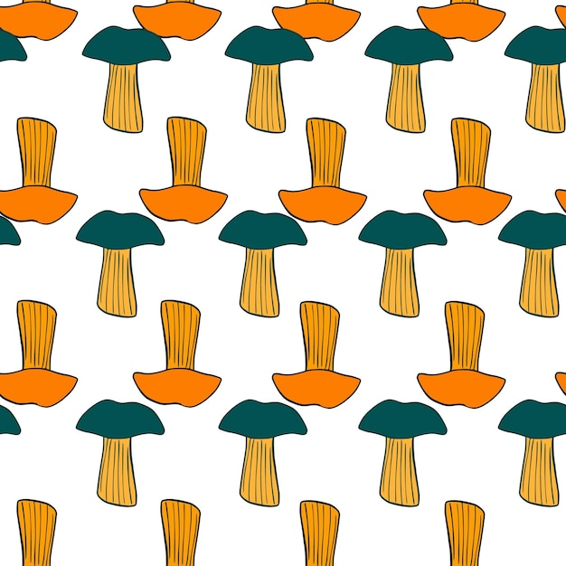 Patrón sin costuras con champiñones Fondo de vegetales de otoño del bosque en estilo de fideos Textura de diseño repetido para imprimir tela envolver papel tapiz tejido Ilustración vectorial