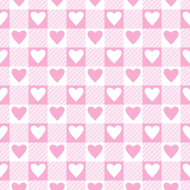 Patrón sin costuras con cheque de gingham y corazones en colores rosa y blanco para el día de San Valentín