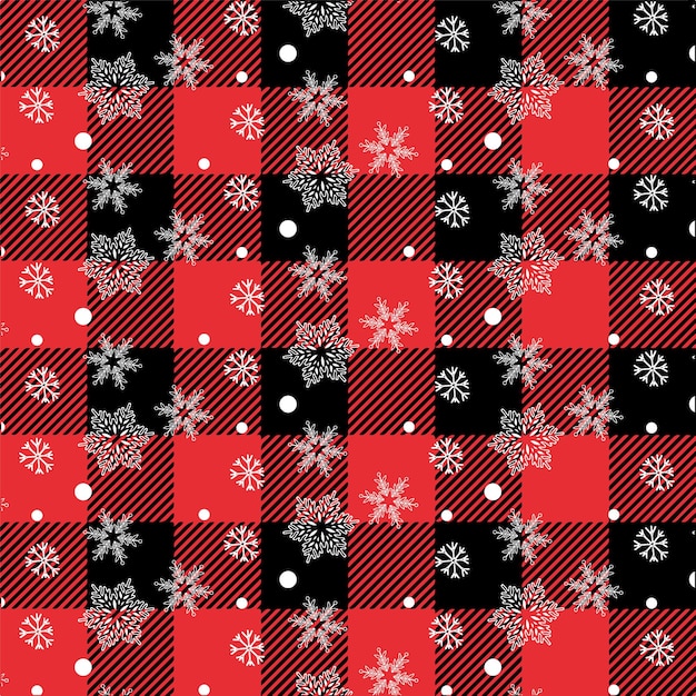 Patrón sin costuras de cheques navideños con copos de nieve Patrón navideño rojo Cuadros navideños a cuadros