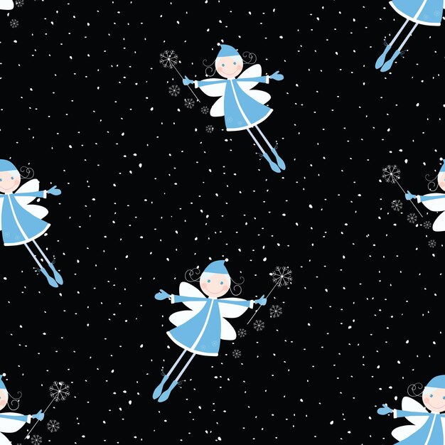 Patrón sin costuras de chicas elfas voladoras durante las nevadas en la víspera de navidad