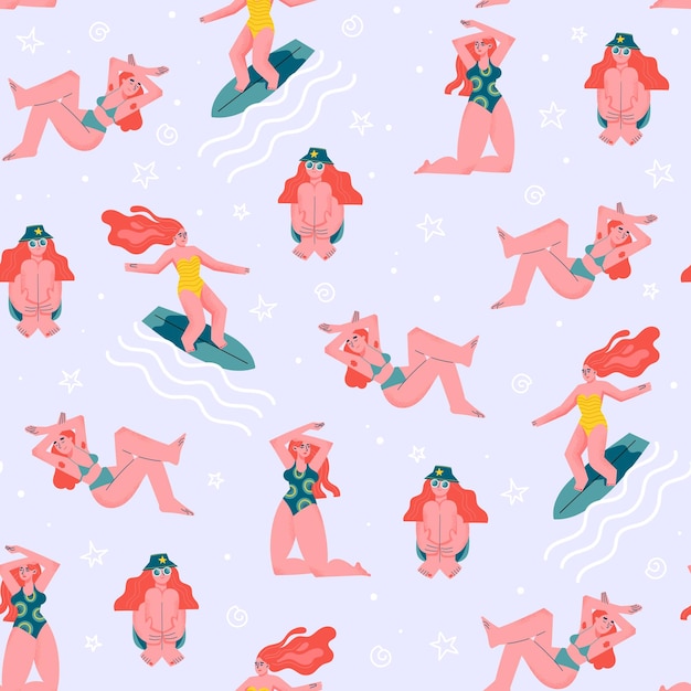 Patrón sin costuras con chicas de verano Fondo brillante fresco Diseño de personajes de dibujos animados con estilo