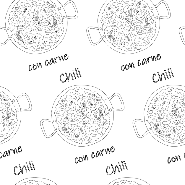 Vector patrón sin costuras de chili con carne con frijoles y rebanadas con letras de comida latinoamericana