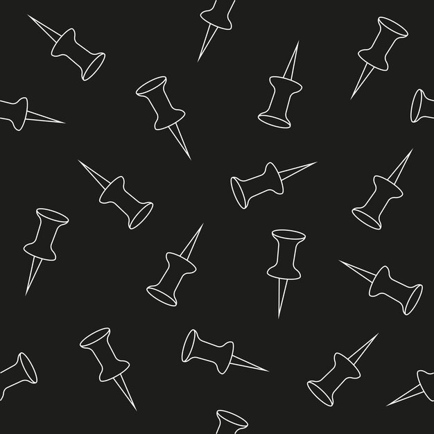 Patrón sin costuras con chinchetas blancas en el icono de pin de estilo de arte de línea sobre fondo negro. ilustración vectorial