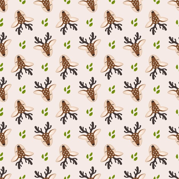 Patrón sin costuras con ciervos lindos y hojas en estilo infantil con cuernos de bozal de sonrisa y ojos en el fondo Impresión de animales salvajes divertidos con cara feliz Ilustración plana vectorial para vacaciones