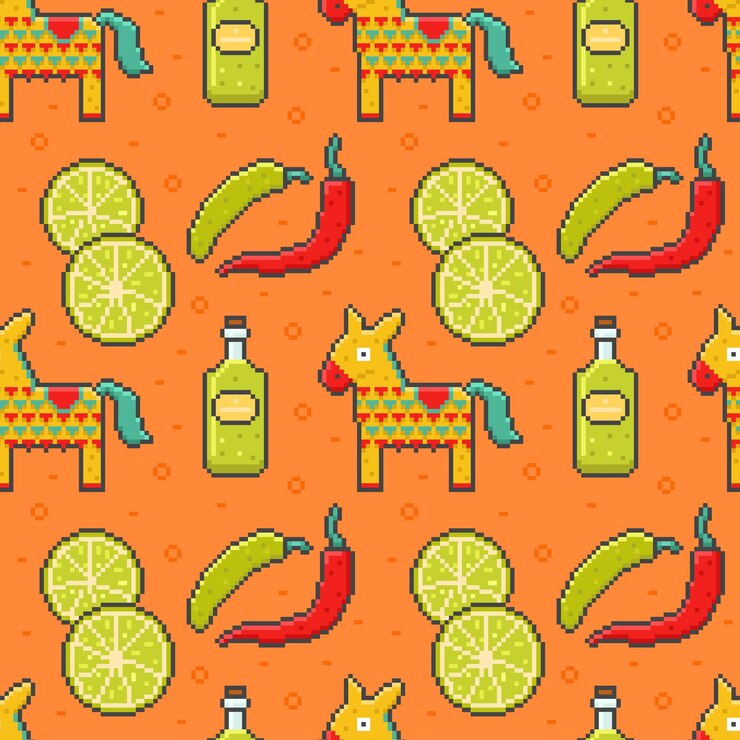 Vector patrón sin costuras cinco de mayo en estilo píxel en un fondo naranja ilustración vectorial