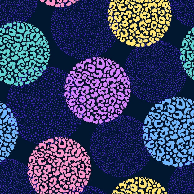 Patrón sin costuras con círculos de impresión de leopardo de color en fondo oscuro