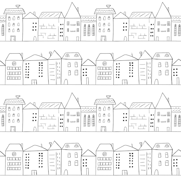 Patrón sin costuras de la ciudad Casas de Doodle Fondo vectorial con dibujo del paisaje urbano