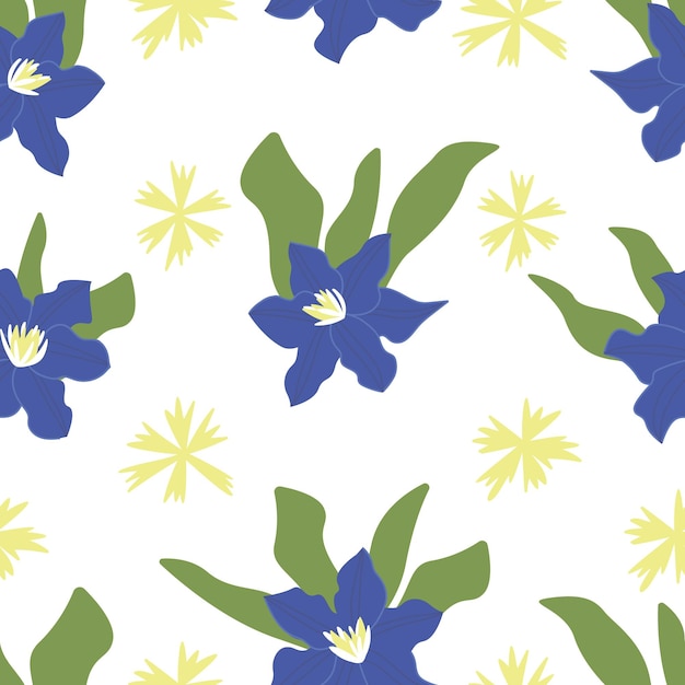 Patrón sin costuras clemátide azul Flor morada dibujada a mano sobre un fondo blanco aislado Elemento botánico de impresión decorativa Una planta de flores colorida Ilustración vectorial en estilo garabato