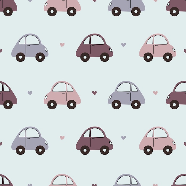 Patrón sin costuras con coches de colores pastel dibujados a mano y corazones pequeños sobre un fondo azul claro