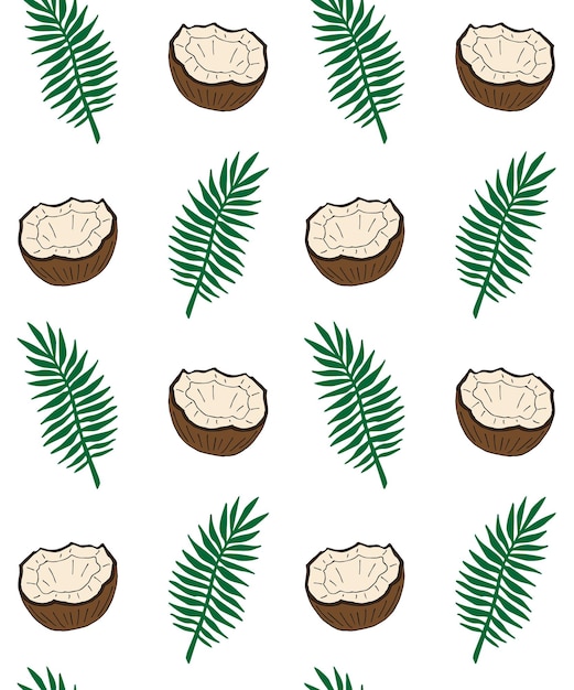 Patrón sin costuras de coco y hojas de palma dibujadas a mano