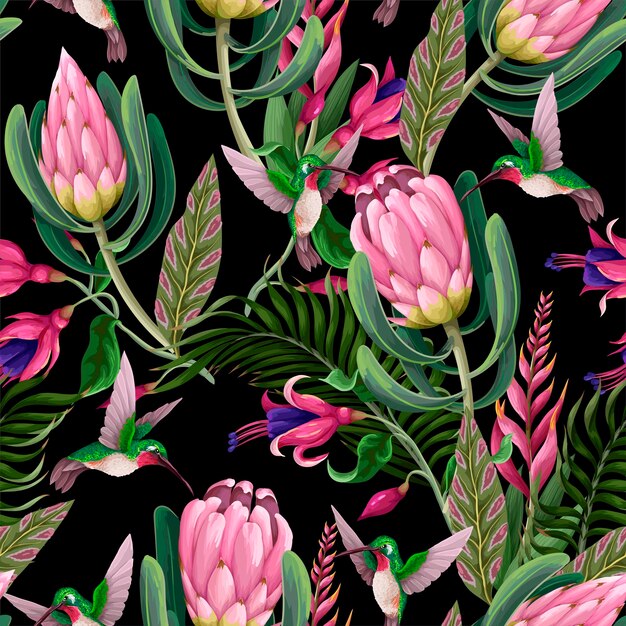 Patrón sin costuras con colibríes proteas y flores tropicales impresión vectorial de moda