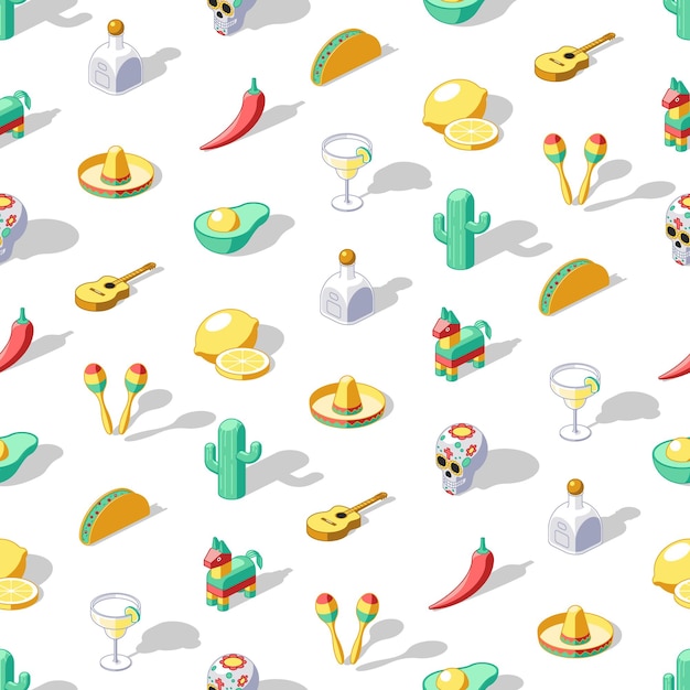 Vector patrón sin costuras de colores de iconos isométricos de cinco de mayo en un fondo transparente