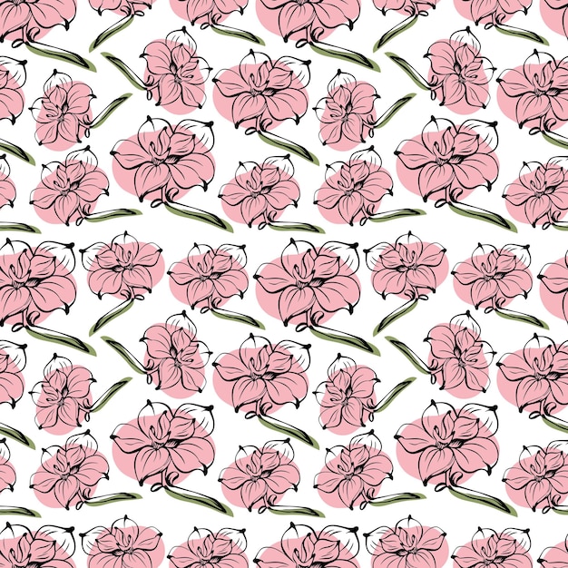Patrón sin costuras con colores de primavera y verano estilo boceto magnolia dibujado a mano sobre fondo blanco